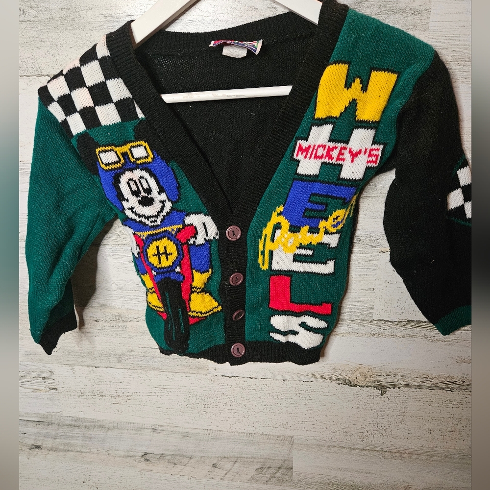 Vintage Mickey Mouse Cardigan Sweater Boys 3T 4T Motercycle Racing
